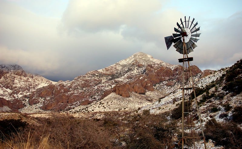 windmill and mountains